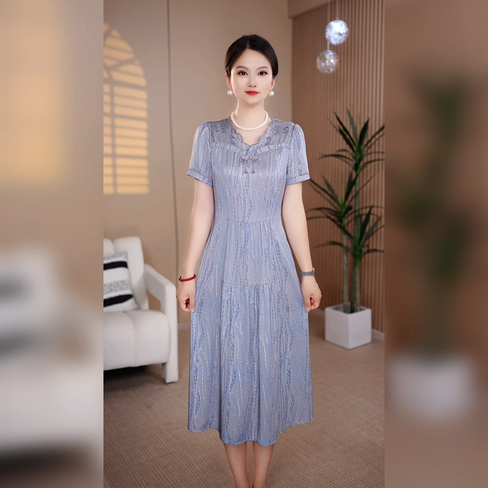 2025年爆款时尚百搭女士轻奢夏季妈妈装连衣裙洋气遮肚子显瘦高级