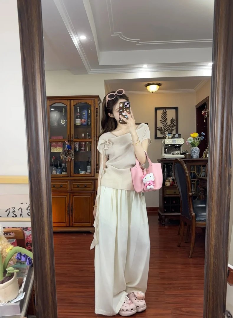 2025夏季新款女装高级感温柔气质套装女时尚荡领短袖阔腿裤两件套