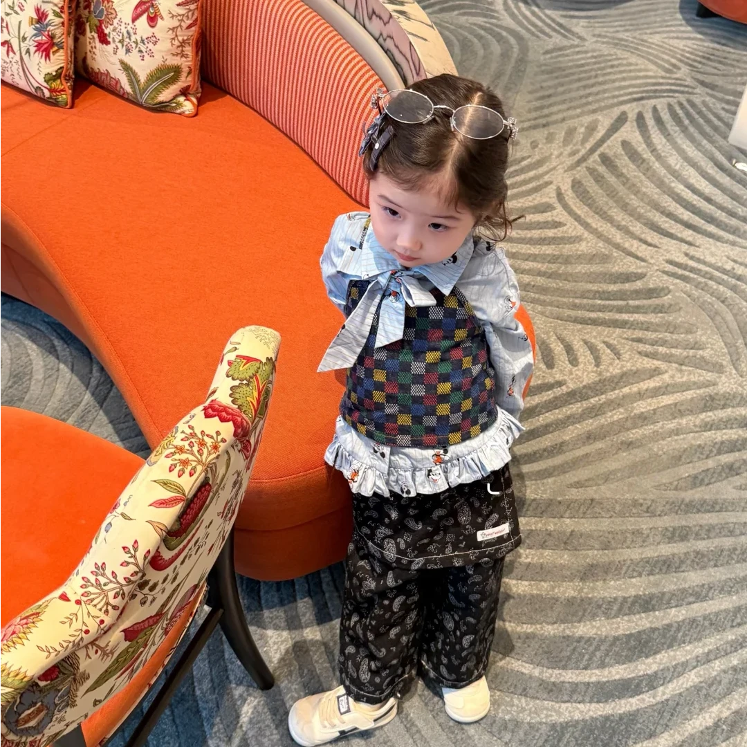 壹妈女童秋季套装蓝色米奇卡通翻领衬衫洋气格子马甲时髦休闲裙裤