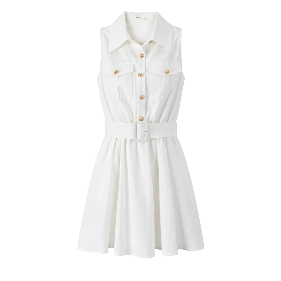 羊城故事-白色翻领无袖连衣裙新款学院风减龄收腰短裙Y50751886