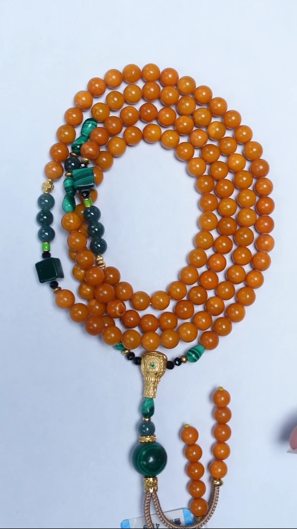 蜜蜡颈饰未镶嵌老蜡孔雀石108项链6mm