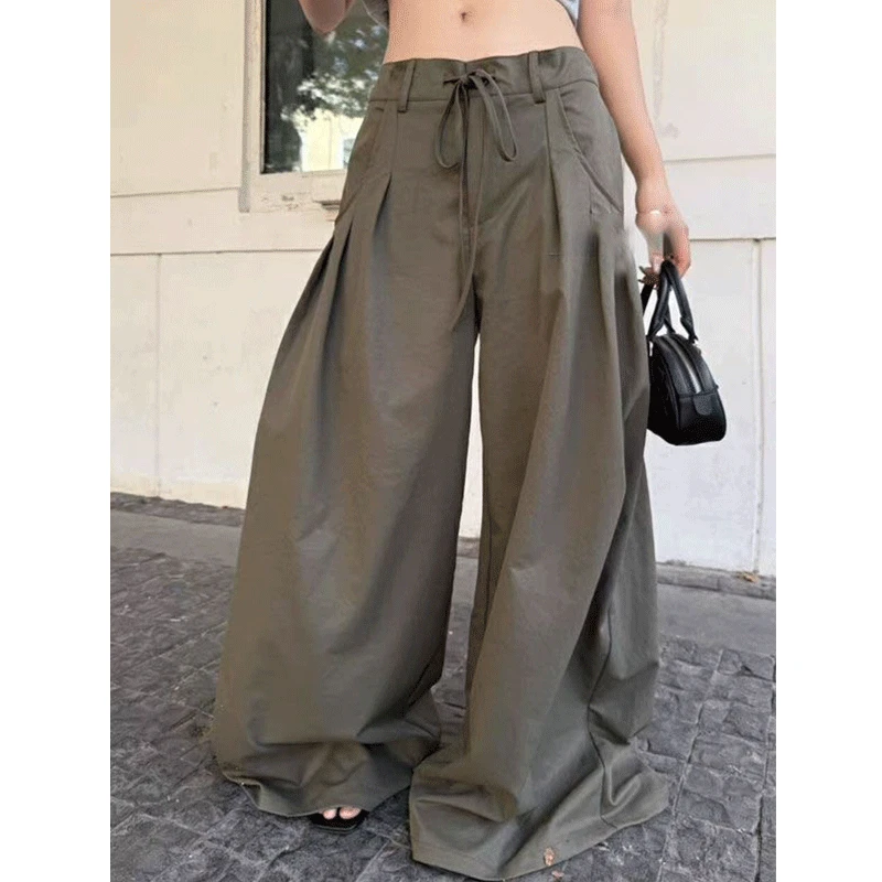 【速干】ins夏季复古美式松弛感抽褶阔腿低腰垂感宽松工装休闲裤