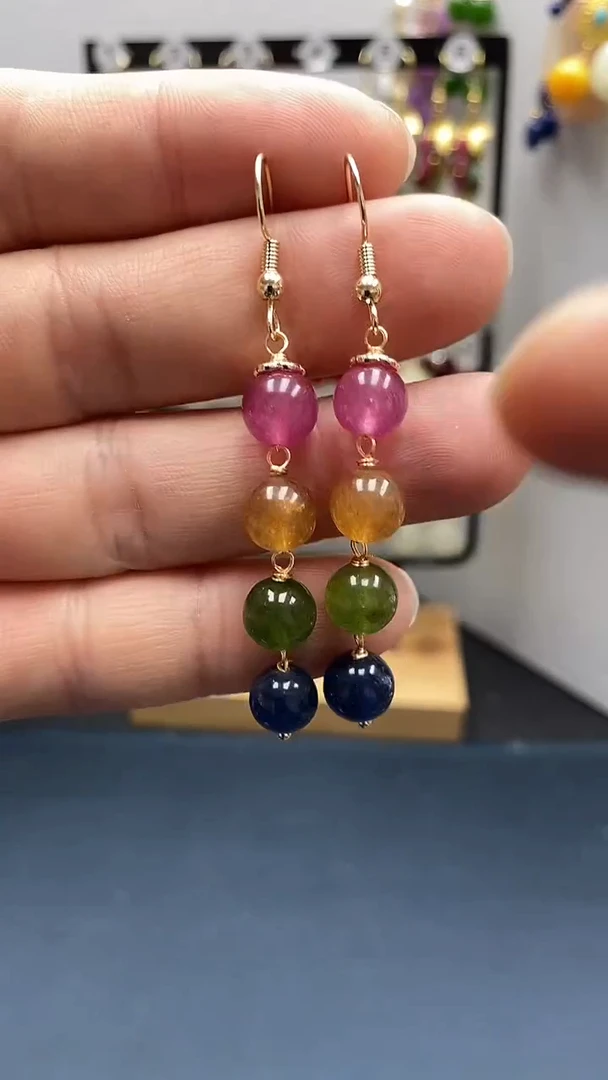 【闪购商品】碧玺耳饰银S925镀金镶嵌尺寸8mm连珠Q3