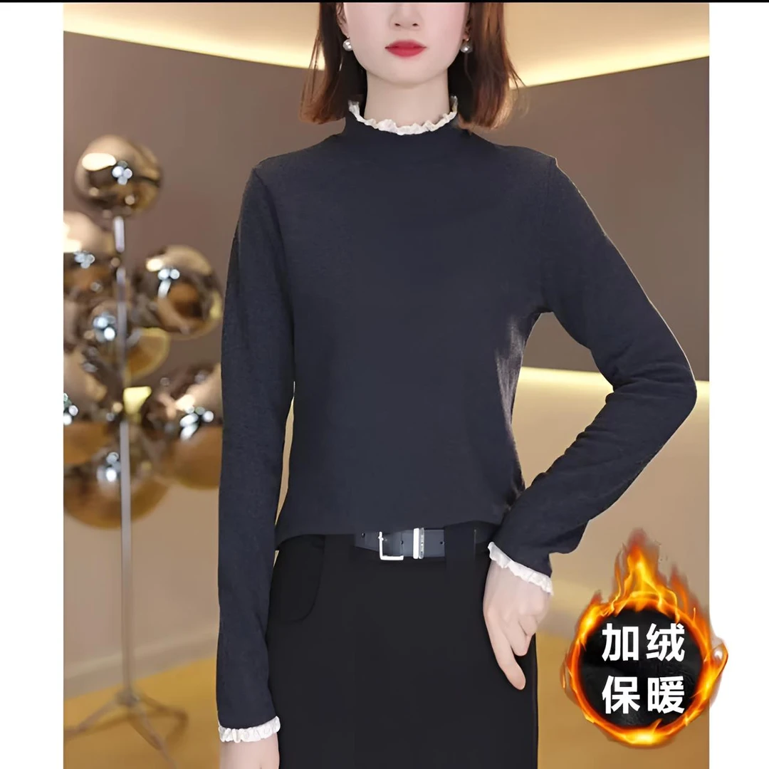 2024冬季新款加绒保暖百搭打底衫女气质设计感长袖上衣T恤