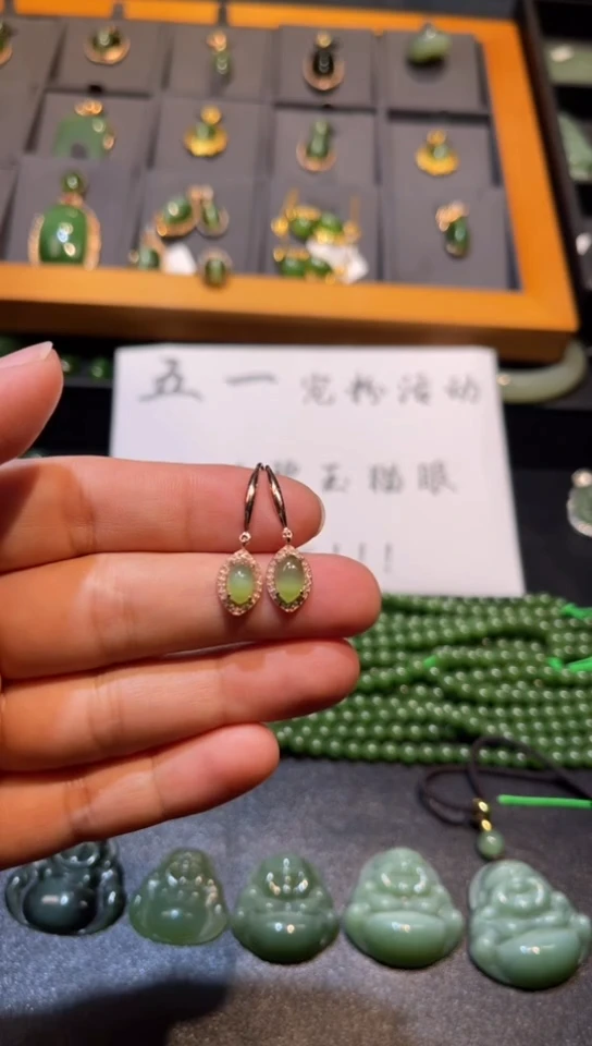 和田玉银S925镶嵌耳饰碧玉猫眼耳钩多样性发一