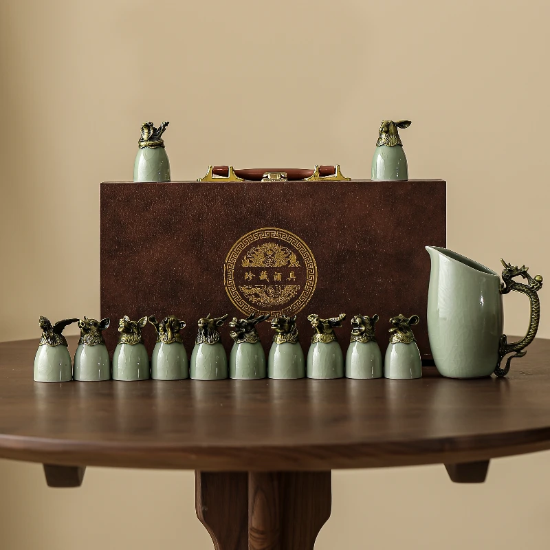 （AT080）13头十二生肖仿古天青汝酒具礼盒套装