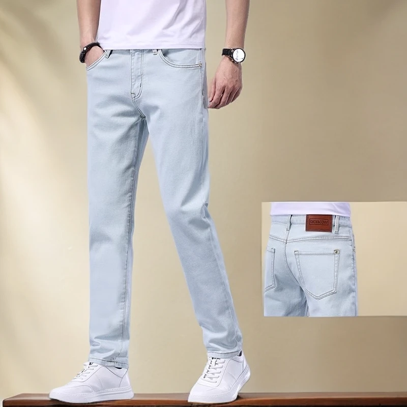 维斯克纳新款潮牌浅色薄款裤子夏季轻薄透气牛仔裤男修身直筒男裤