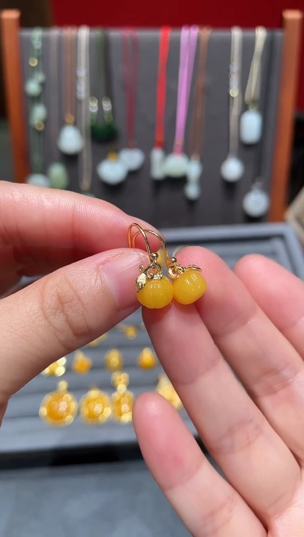 琥珀银S925镀金镶嵌耳饰南瓜