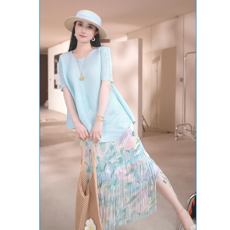 【D.Deng定制】三宅短袖褶皱2025新款时尚套装碎花小清新半身裙