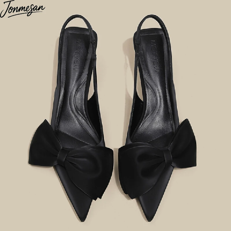 高端时尚蝴蝶结尖头凉鞋女2025夏季新款百搭黑色气质细跟高跟单鞋