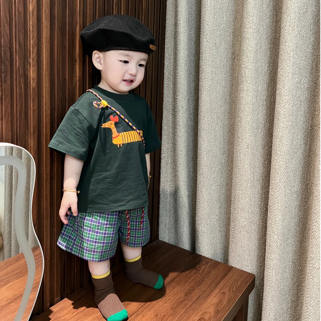 纯棉男童短袖套装夏季2025新款韩系中小童儿童洋气t恤裤子两件套