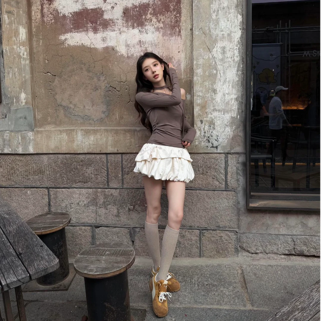 韩系慵懒松弛感系带t恤套装女秋季新款修身斜肩上衣高腰显瘦短裙