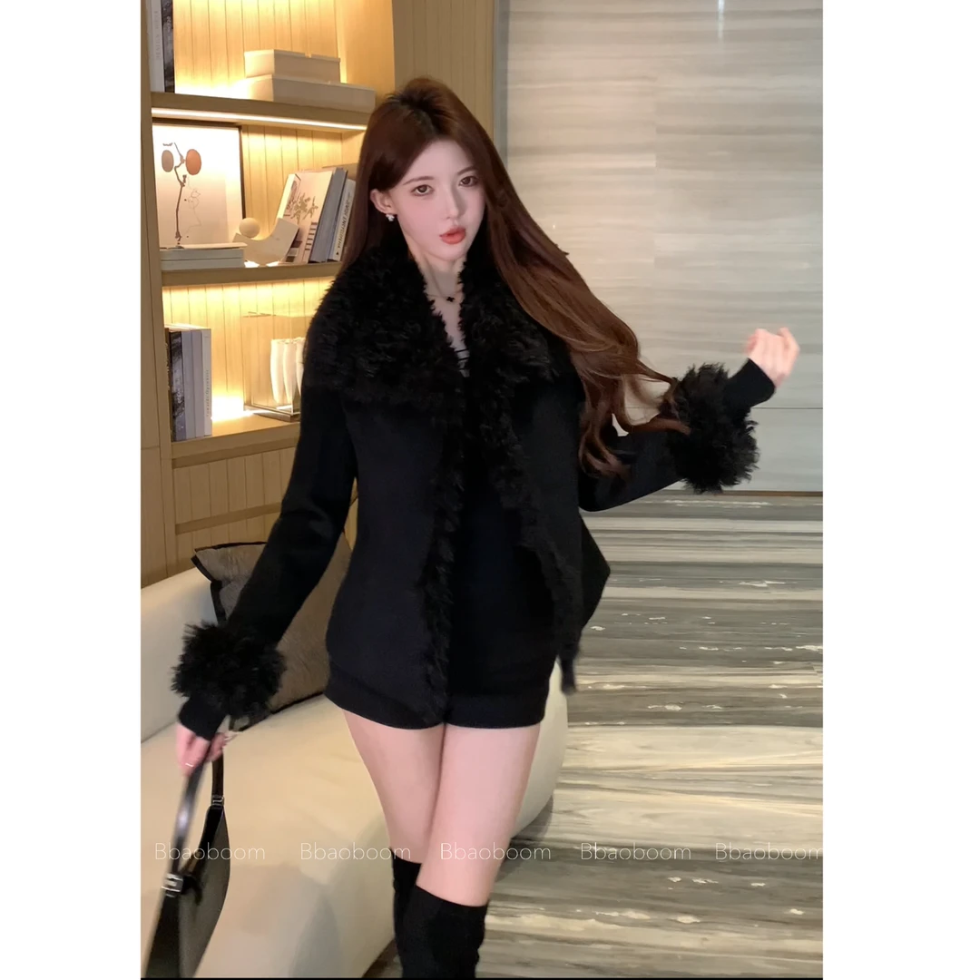 暴暴家 秋冬毛毛大翻领修身毛呢厚外套B1084