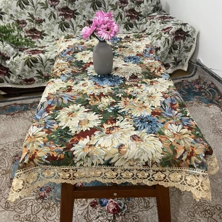 ZN107-176棉麻【90*120】彩菊水溶花边棉麻交织布桌布