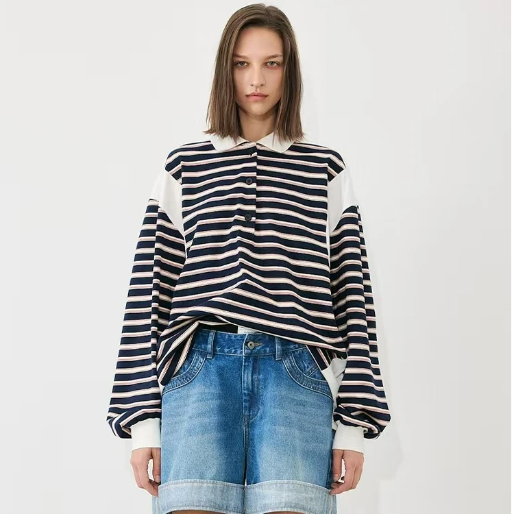 ANNAMOOER拼色条纹长袖T恤