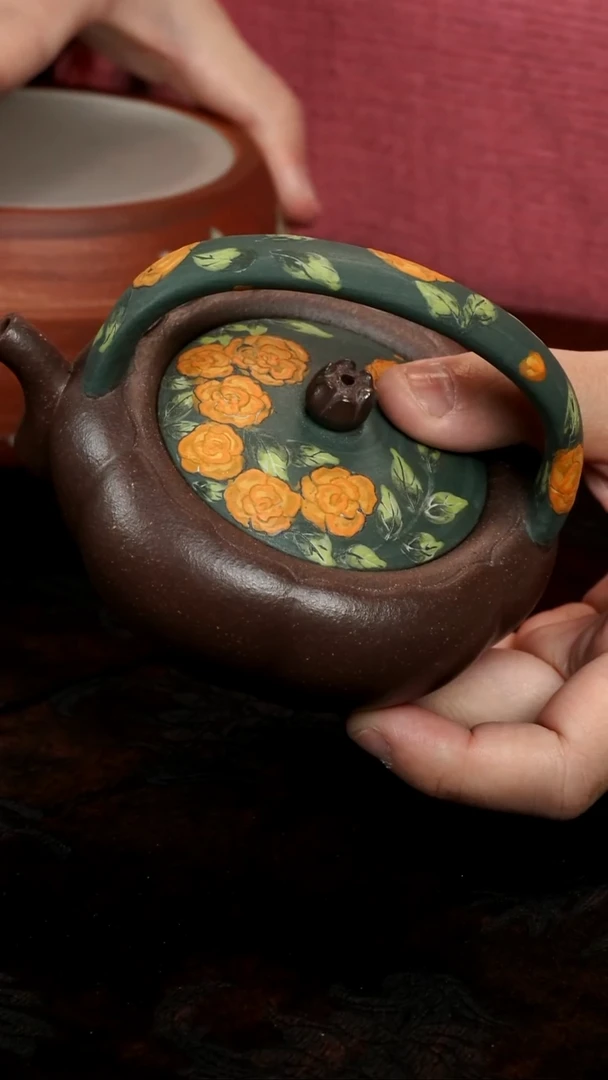 茶壶紫砂紫泥玫瑰花提梁壶