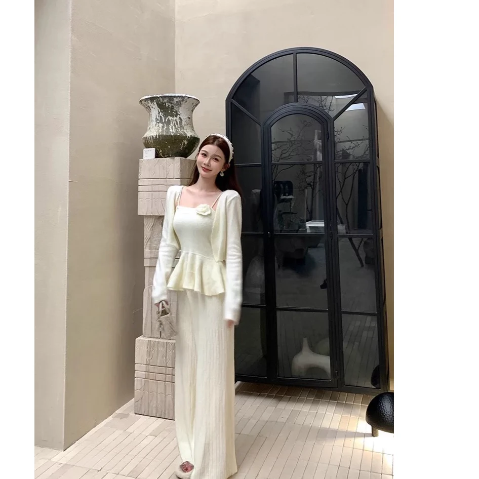 【氛围三部曲】复古荷叶边吊带针织开衫收腰高腰阔腿裤套装三件套女