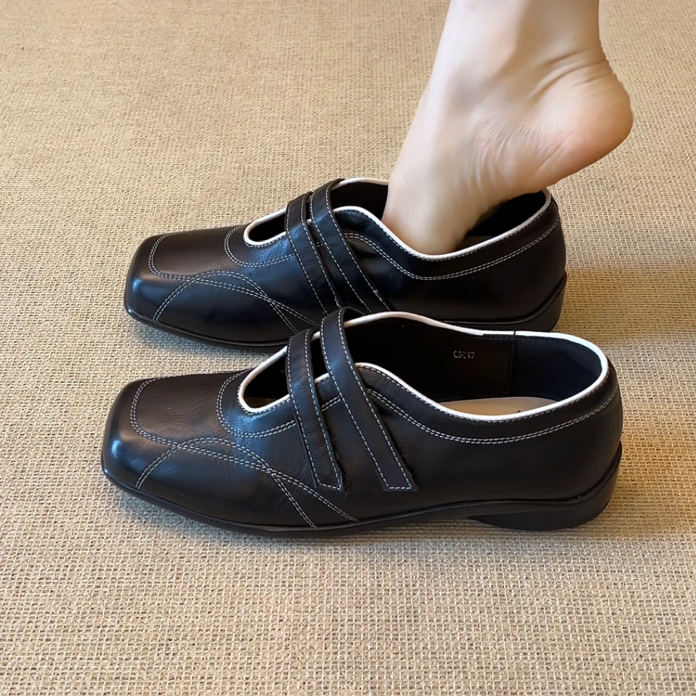 RubyL/3cm法式通勤百搭舒适拼色魔术贴方头浅口松糕厚底单鞋女款