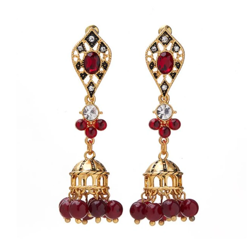 铜合金琉璃耳饰 中古红琉璃珠流苏耳钉