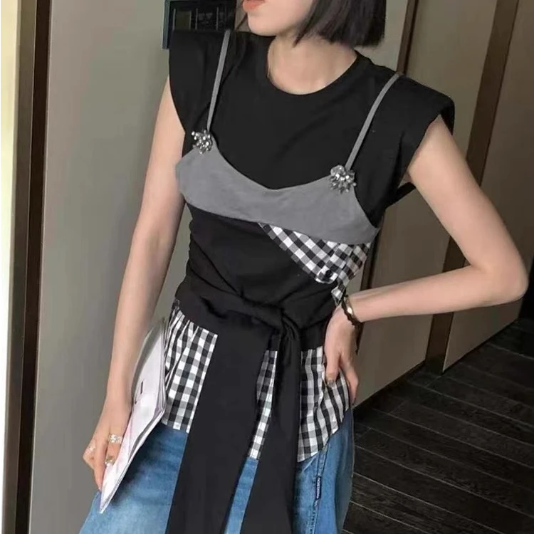 9131#欧货不对称无袖T恤女夏季新款甜酷风小众显瘦拼接格子假两件
