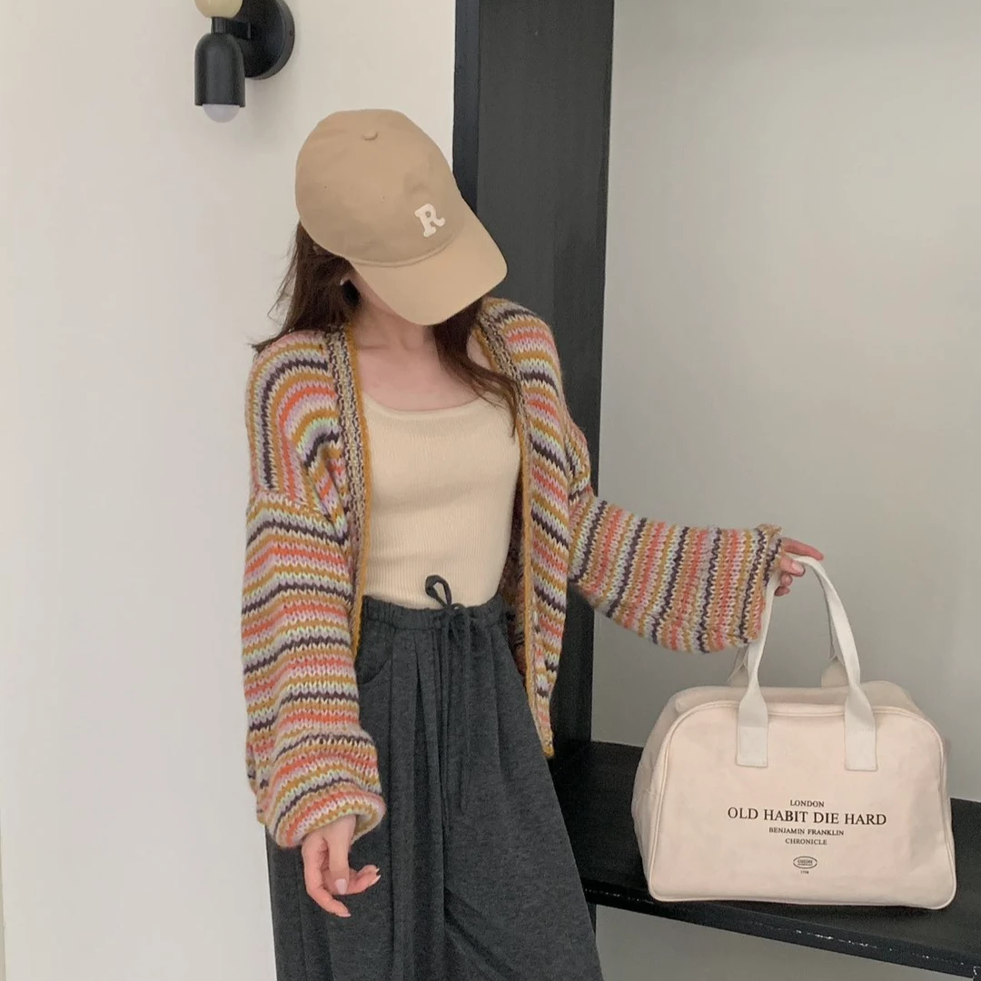 k1755 秋季新款彩色条纹编织针织衫长袖开衫