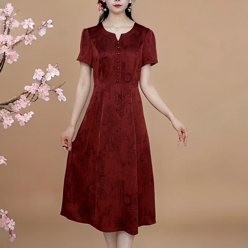 【爱娜女装】夏季新款修身显瘦气质中国风V领优雅新中式连衣裙