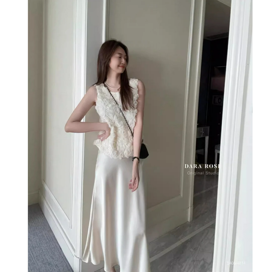 重工法式奶油米立体工艺玫瑰花无袖上衣小衫+半身裙套装