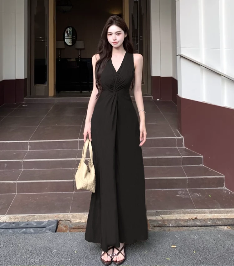 韩版简约休闲宽松无袖连衣裙女夏微胖显瘦气质高级感收腰吊带长裙