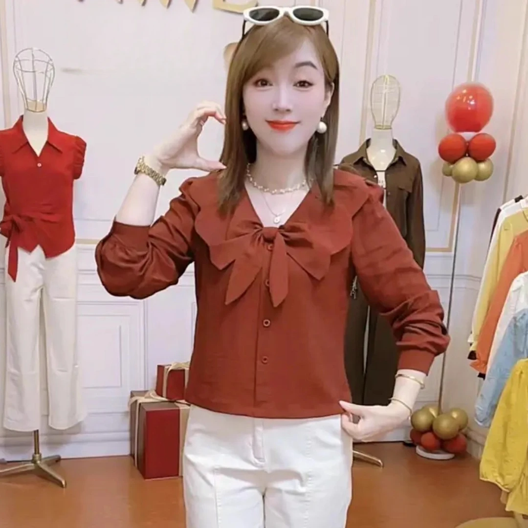 拉夏贝尔时尚衬衫女2025秋季新款洋气显瘦气质蝴蝶领长袖短款上衣