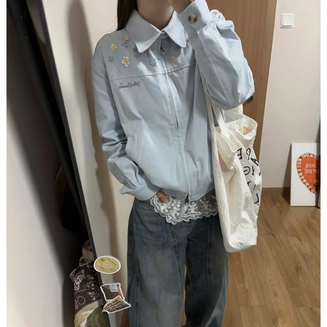 韩版小众时尚秋季刺绣宽松直下摆长袖短外套休闲百搭秋冬季少女风
