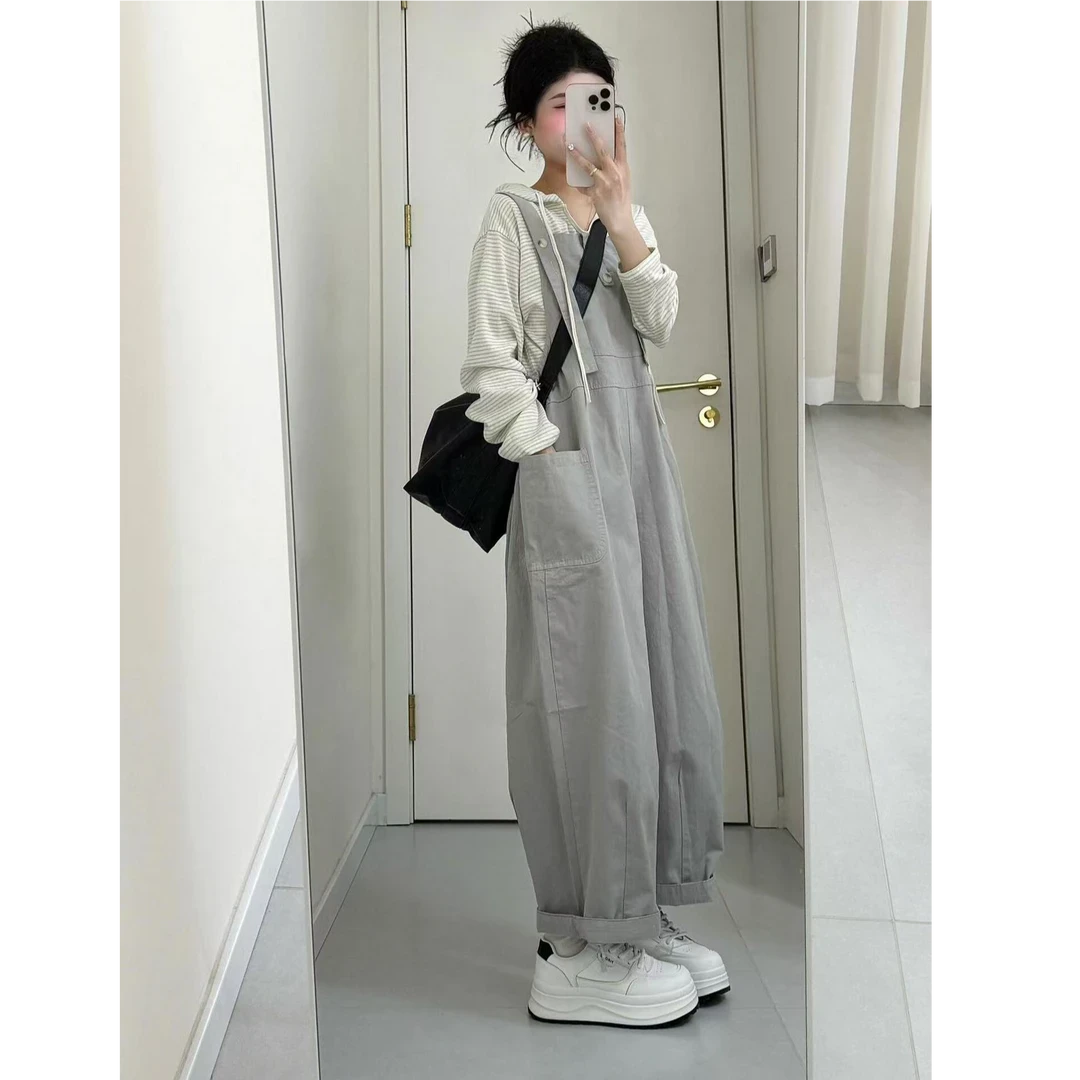 背带裤女春夏季小个子宽松显瘦减龄学院风小众连体秋季哈伦裤套装