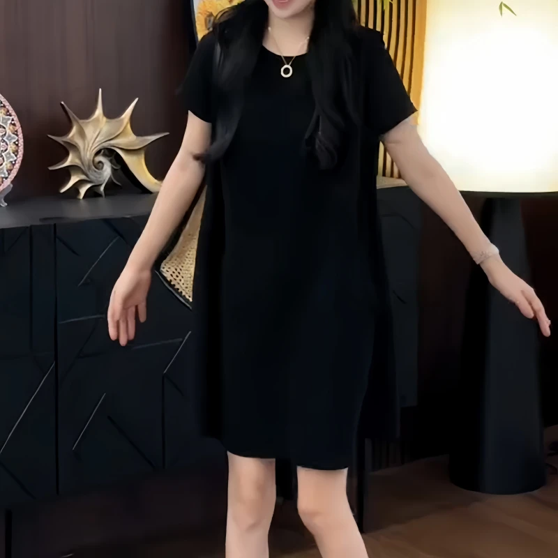 夏季时尚简约风宽松显瘦胖mm大码连衣裙赫本风气质款极简风小黑裙