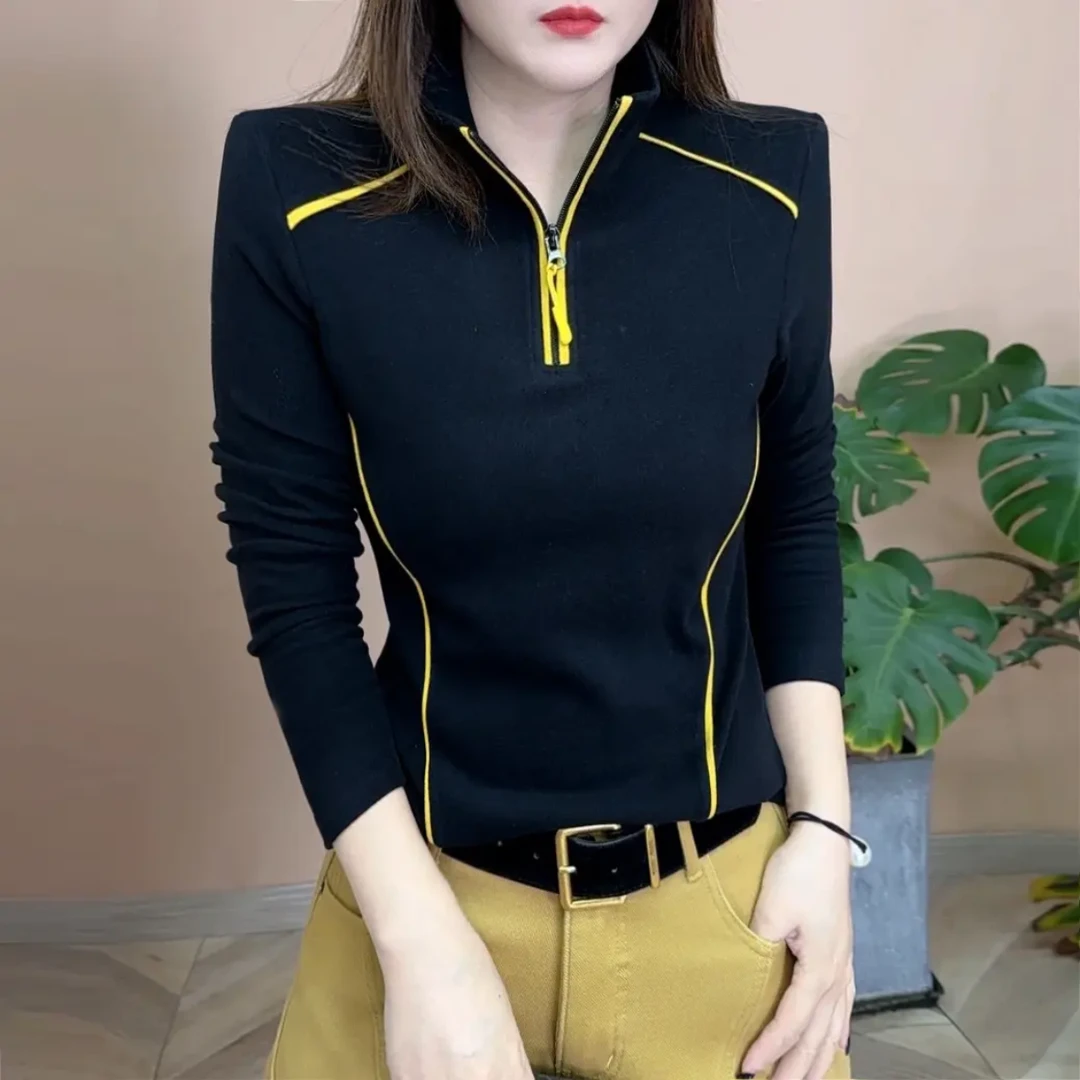 冬季新品时尚百搭修身显瘦双面绒半拉链打底女士上衣洋气减龄小衫