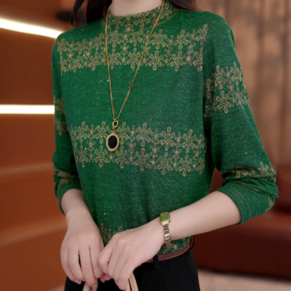 2025新款清绿未央优雅圆领高端小衫套头时髦长袖上衣打底衫女