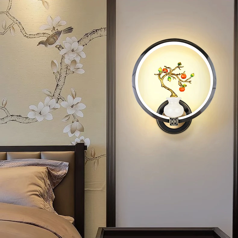 全铜新中式遥控玉石壁灯卧室床头走廊玄关书房禅意书房家用墙壁灯