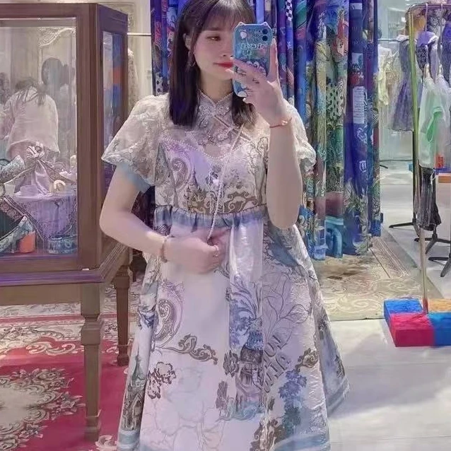 蓝色立领法式印花宫廷风重工连衣裙2024春秋新款高腰瘦气质裙子