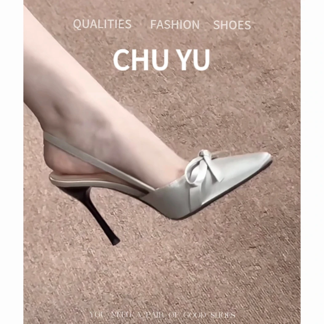 法式高级感凉鞋女气质细跟蝴蝶结银色高跟鞋新款网红小众绸缎单鞋