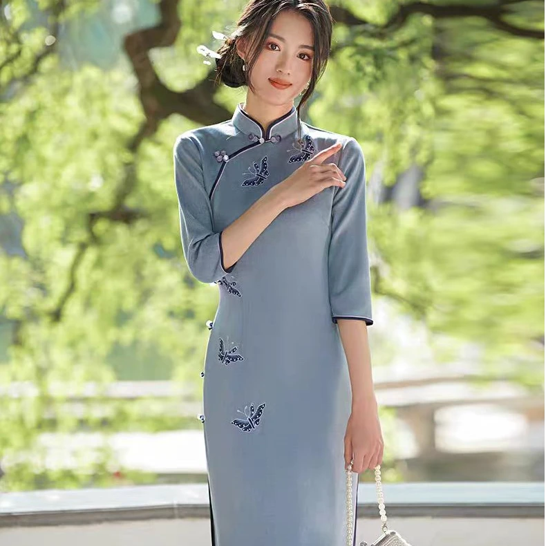 恬子梦 T732 春秋新款 蓝蝶 裙长112 修身显瘦旗袍