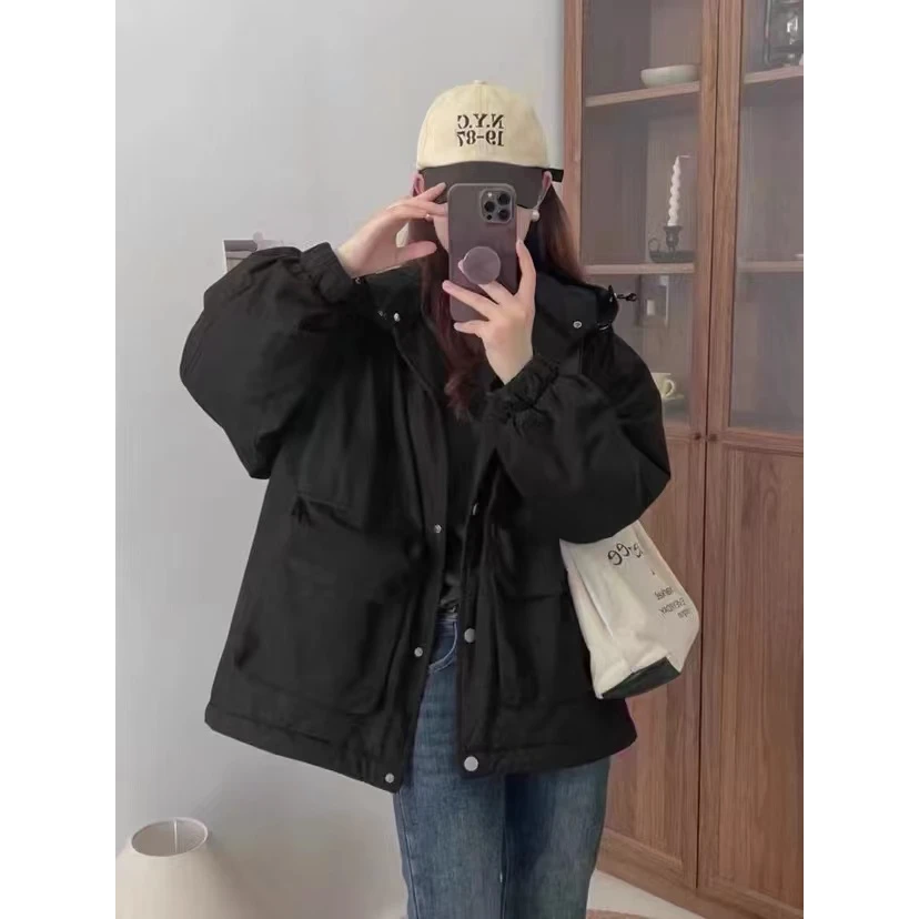 韩版加厚棉服女连帽加绒保暖宽松显瘦冬季御寒抗风派克服外套女