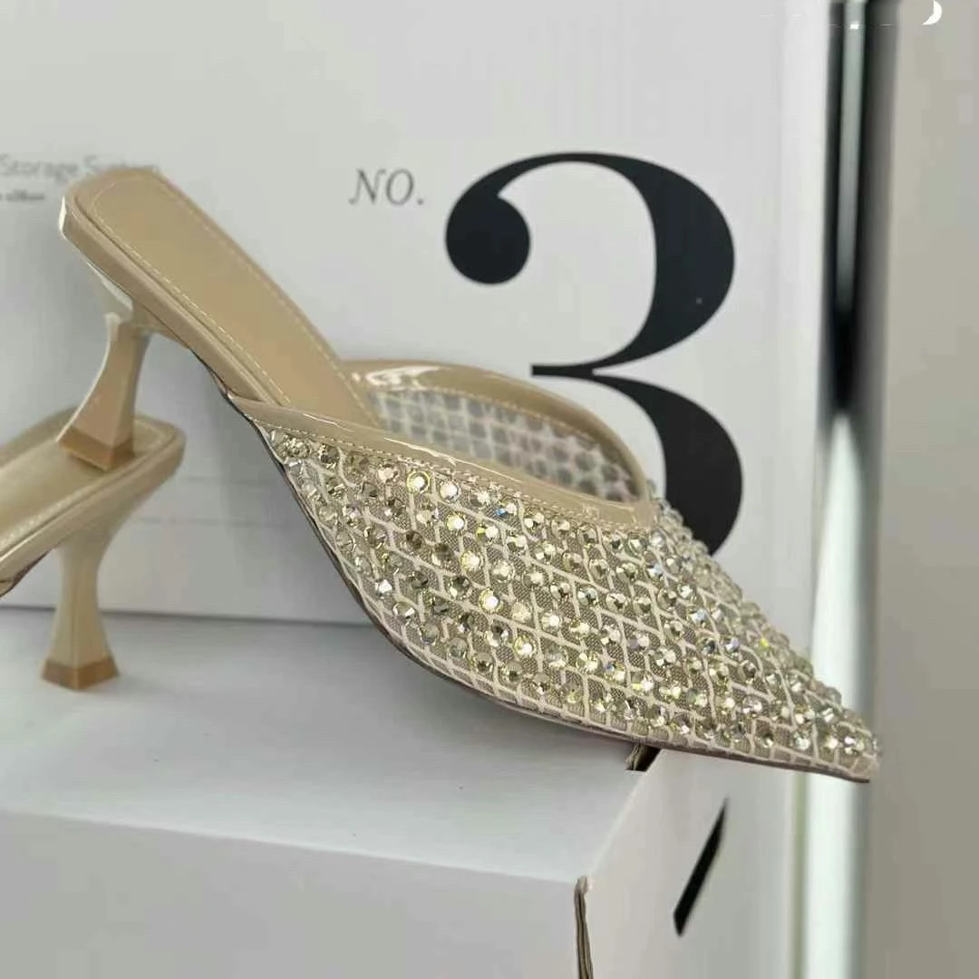BAO细跟低跟尖头凉鞋镂空水钻百搭夏季包头包头拖高跟22-358