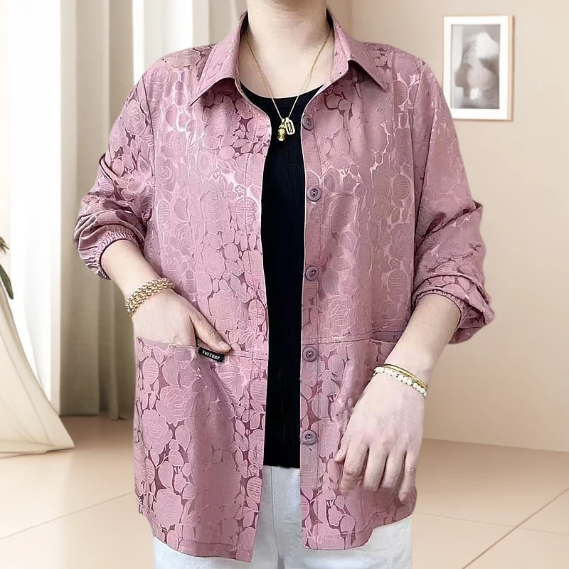 花萝双喜玫瑰薄款妈妈装春季翻领衬衣女士洋气长袖百搭防晒衣外套