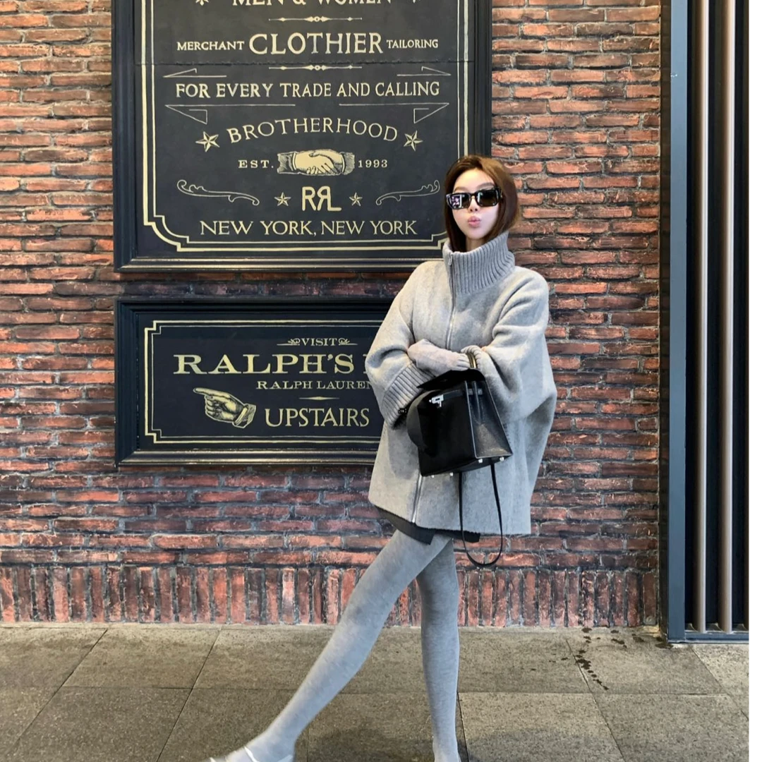 立领休闲风气质拉链针织上衣宽松极简风秋季百搭洋气显瘦性感辣妹