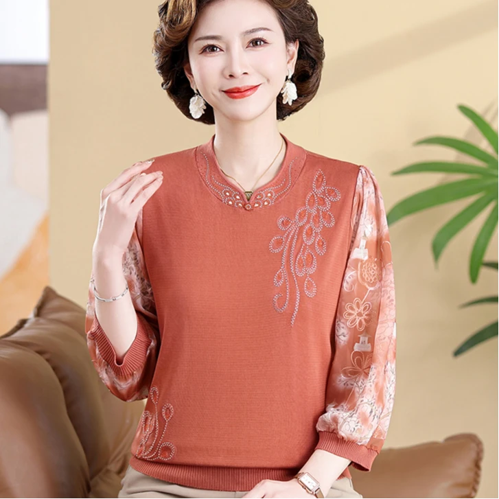时尚妈妈春装纱袖T恤中老年女装春夏季针织小衫薄款打底上衣套装