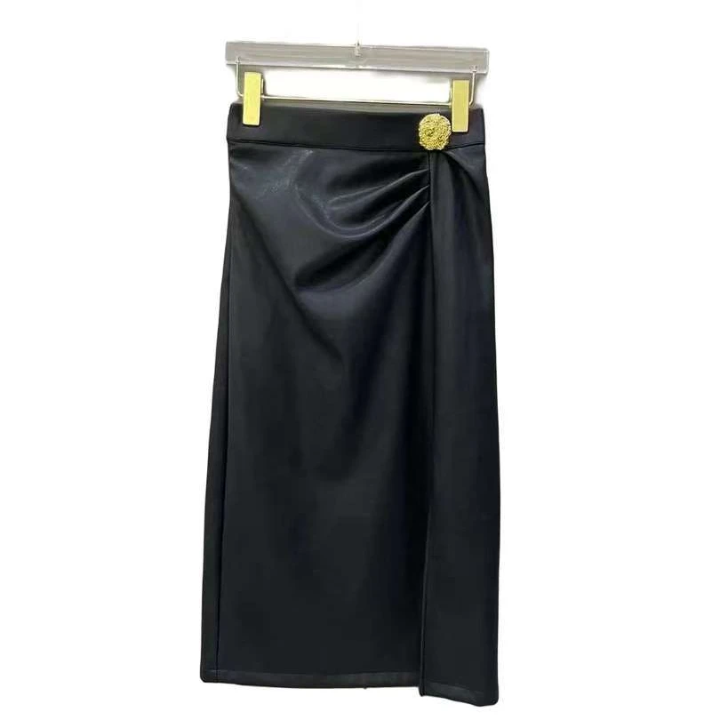 高定时尚气质百搭轻奢简约秋冬潮流褶皱遮肚子开叉女士半身裙ML91