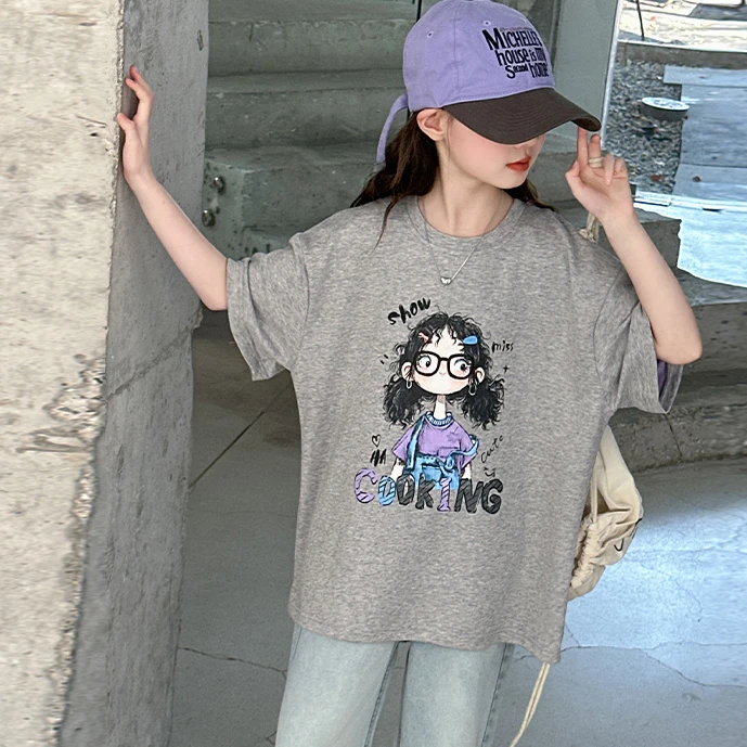 女童青少年T恤洋气休闲夏季宽松印花韩版大童百搭时尚上衣