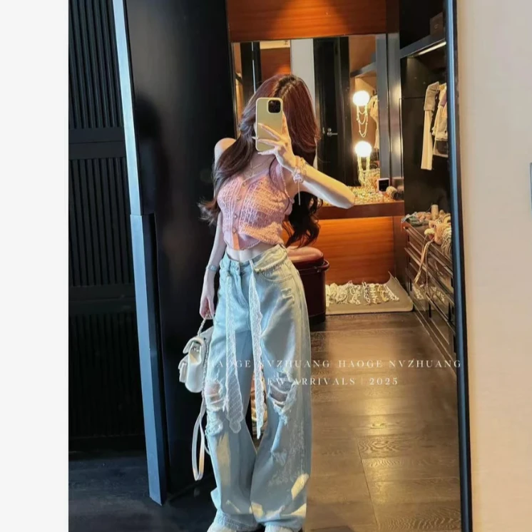 春夏新爆款破洞蕾丝休闲风高腰百搭设计感阔腿显瘦直筒牛仔裤9836