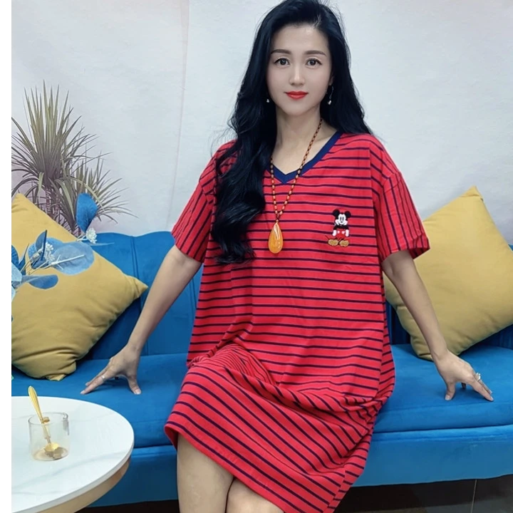 花女人2508夏季纯棉休闲洋气中长款女士宽松红色显瘦时尚家居裙