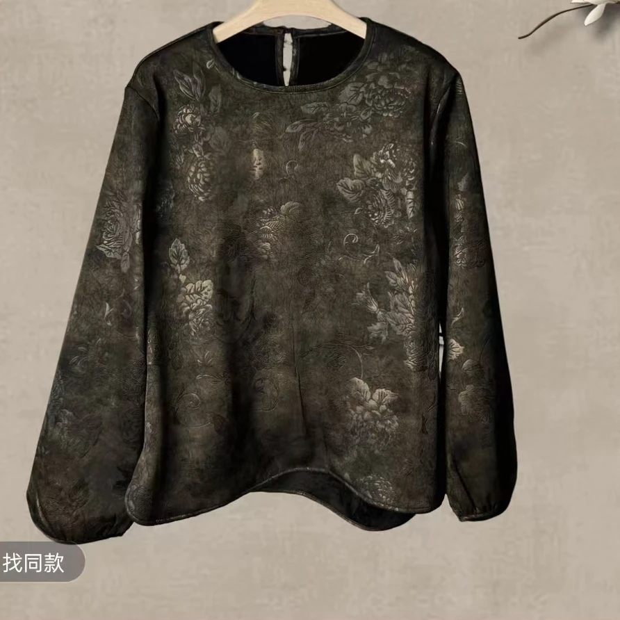 【老料黑蚕上衣】新中式冬季时尚百搭长袖重磅复古圆领衬衫200