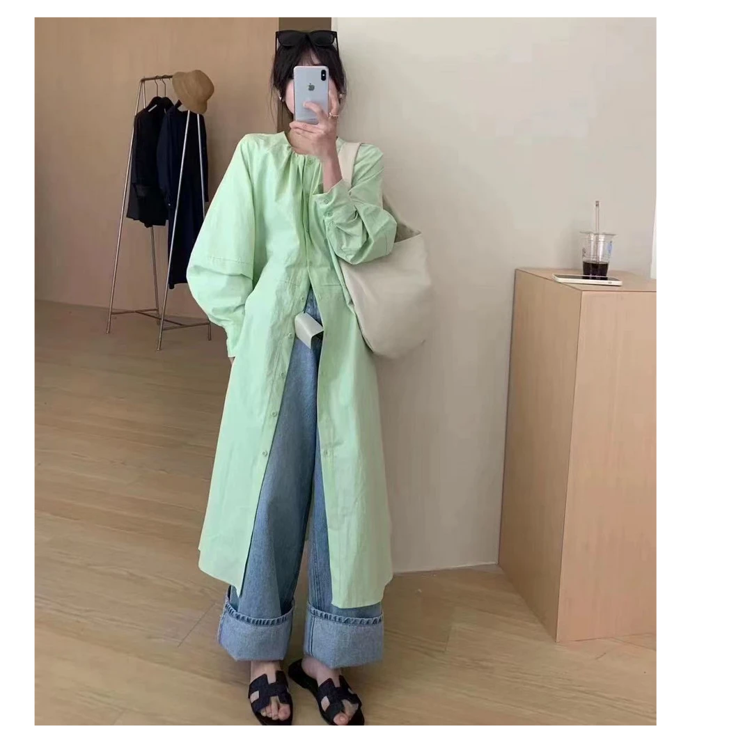 2025欧尼宽松压褶泡泡袖韩国版甜美小众复古中长衬衫连衣裙