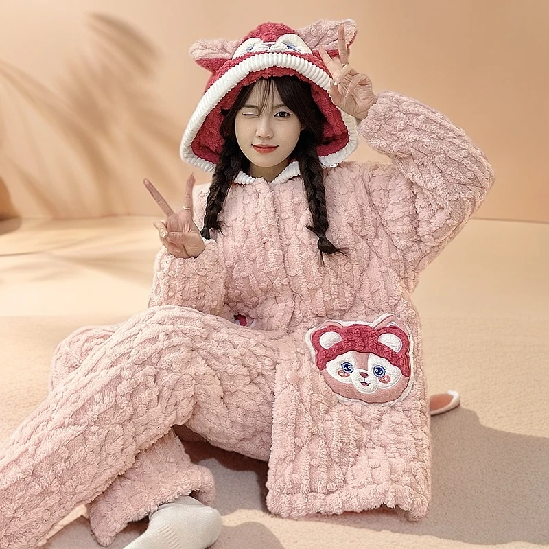 睡衣女冬季加厚加绒珊瑚绒三层夹棉连帽法兰绒可爱卡通家居服套装